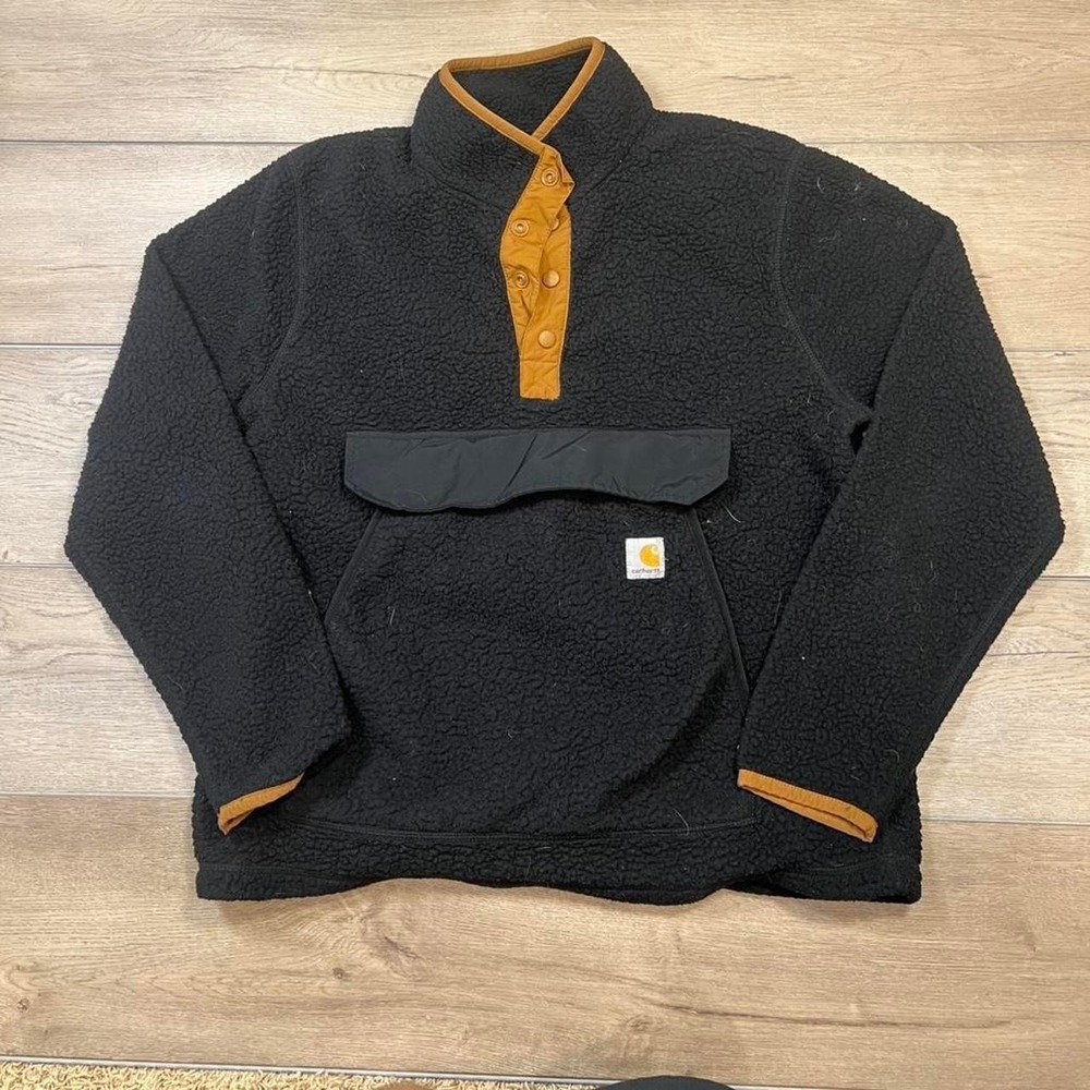 Carhartt Sherpa Fleece Pullover Mens Black Relaxed Fit Snap Neck OJ4991-M